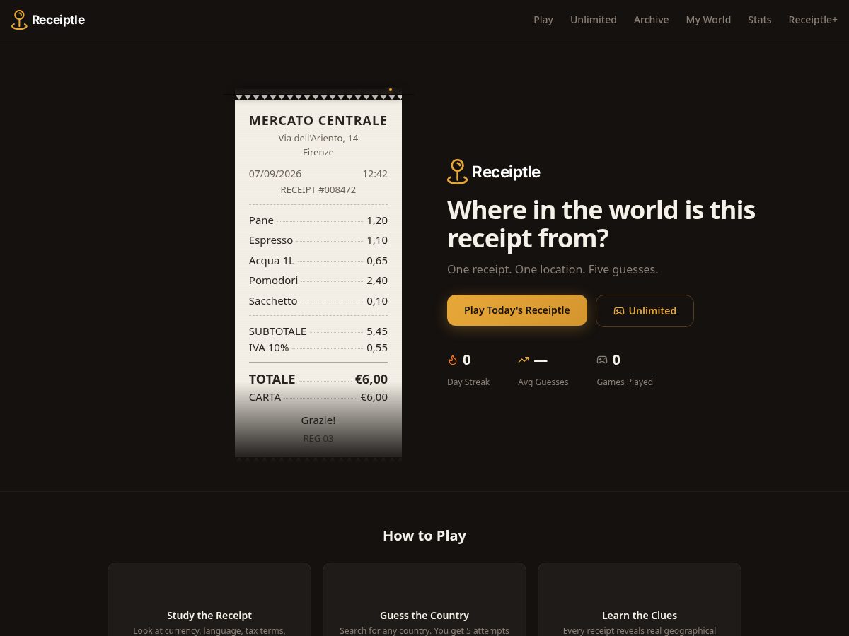 Landing-page snapshot of playreceiptle.com