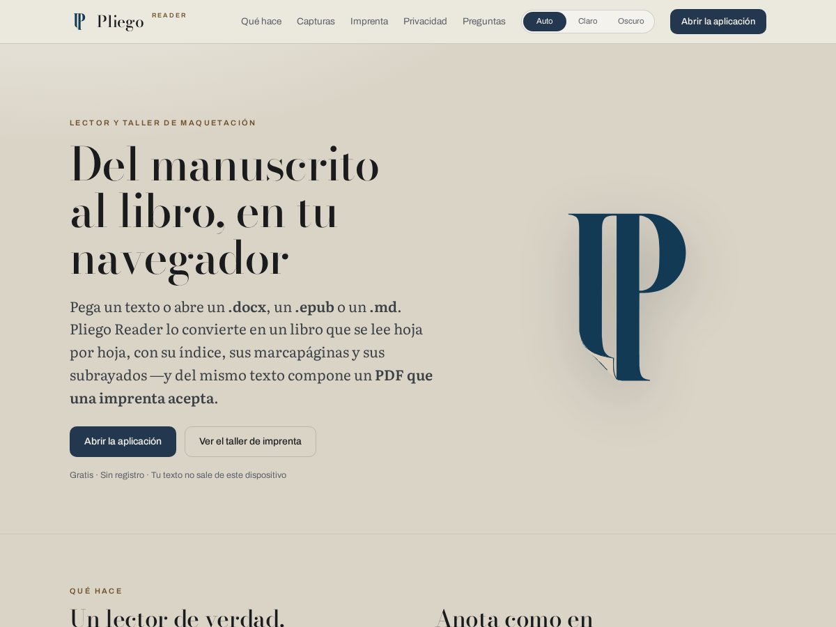 Landing-page snapshot of pliegoreader.com