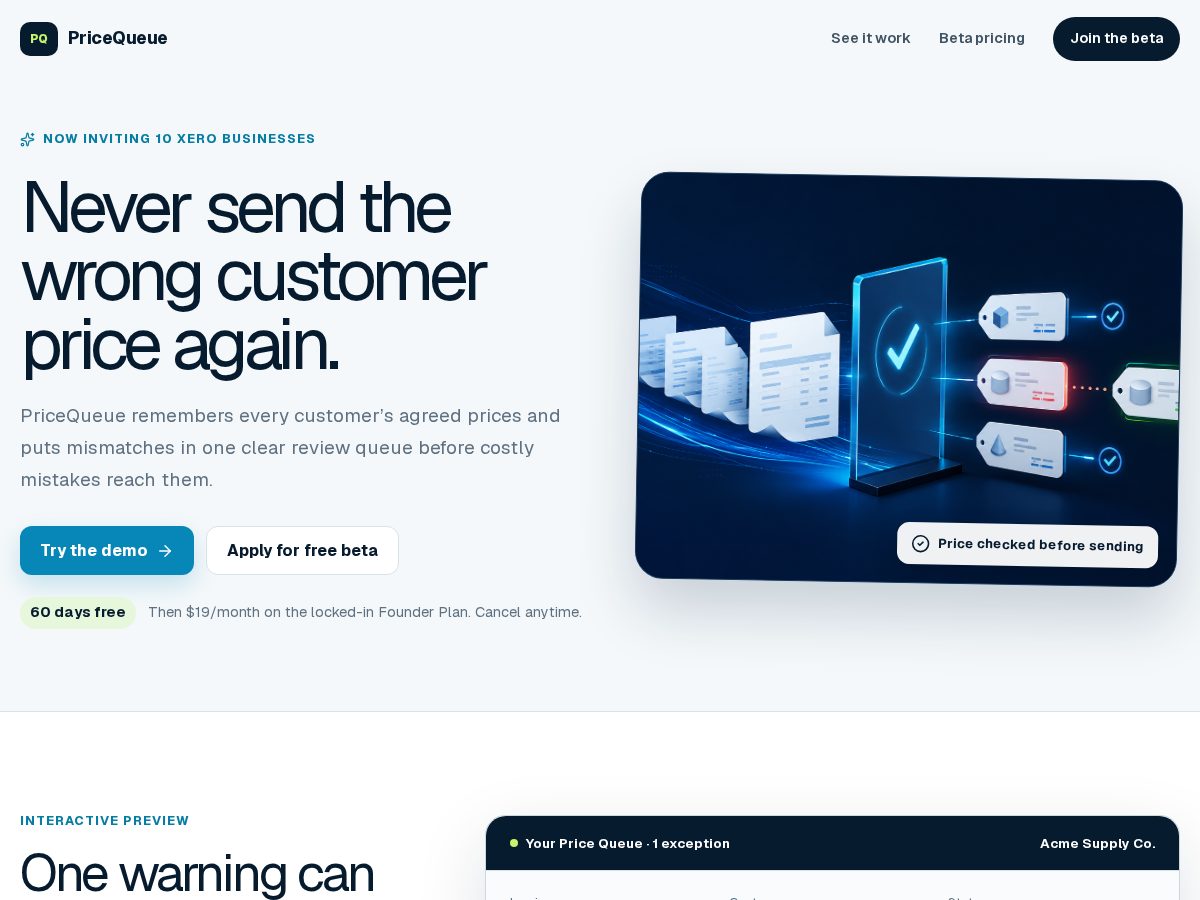 Landing-page snapshot of pricequeue.com