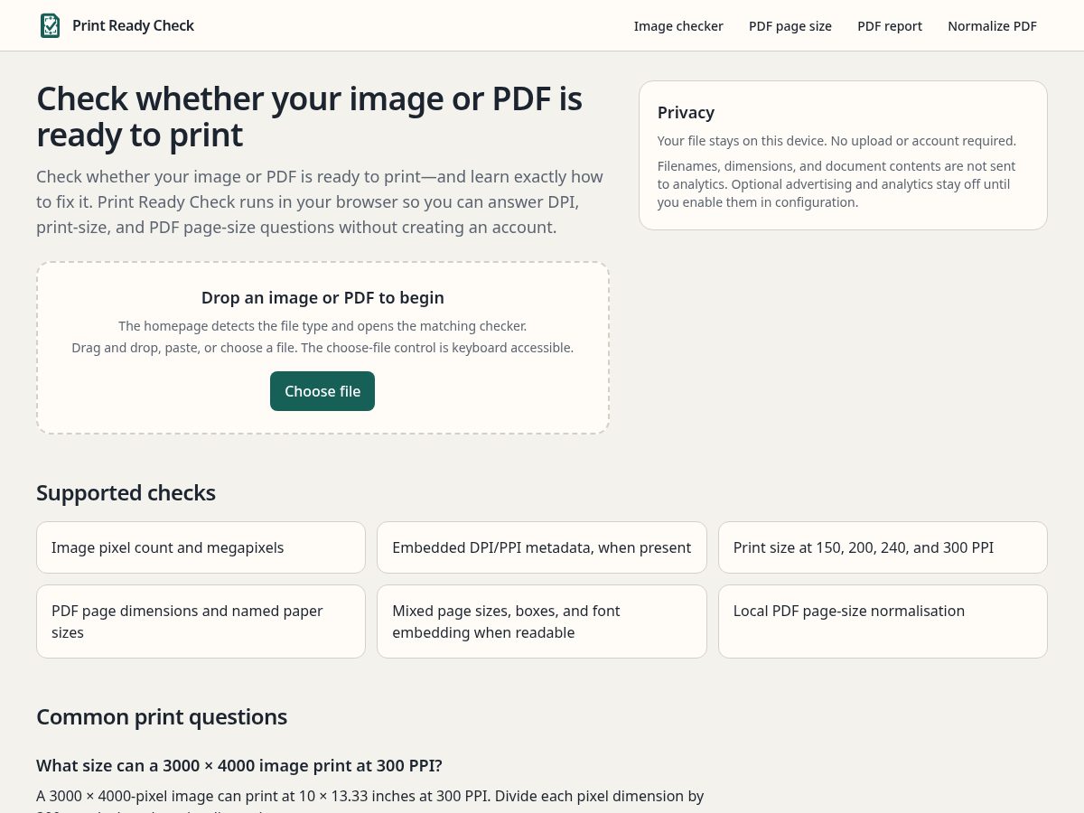 Landing-page snapshot of printfilecheck.com