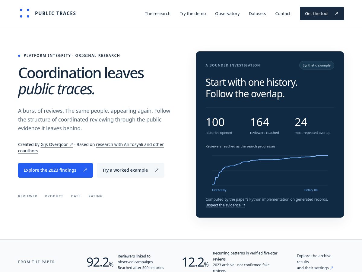 Landing-page snapshot of publictraces.net
