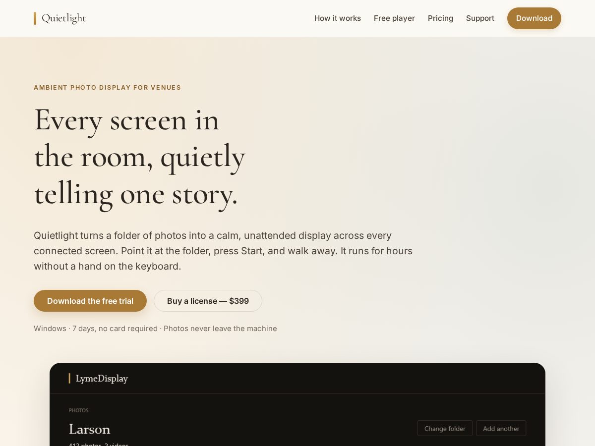 Landing-page snapshot of quietlightdisplay.com