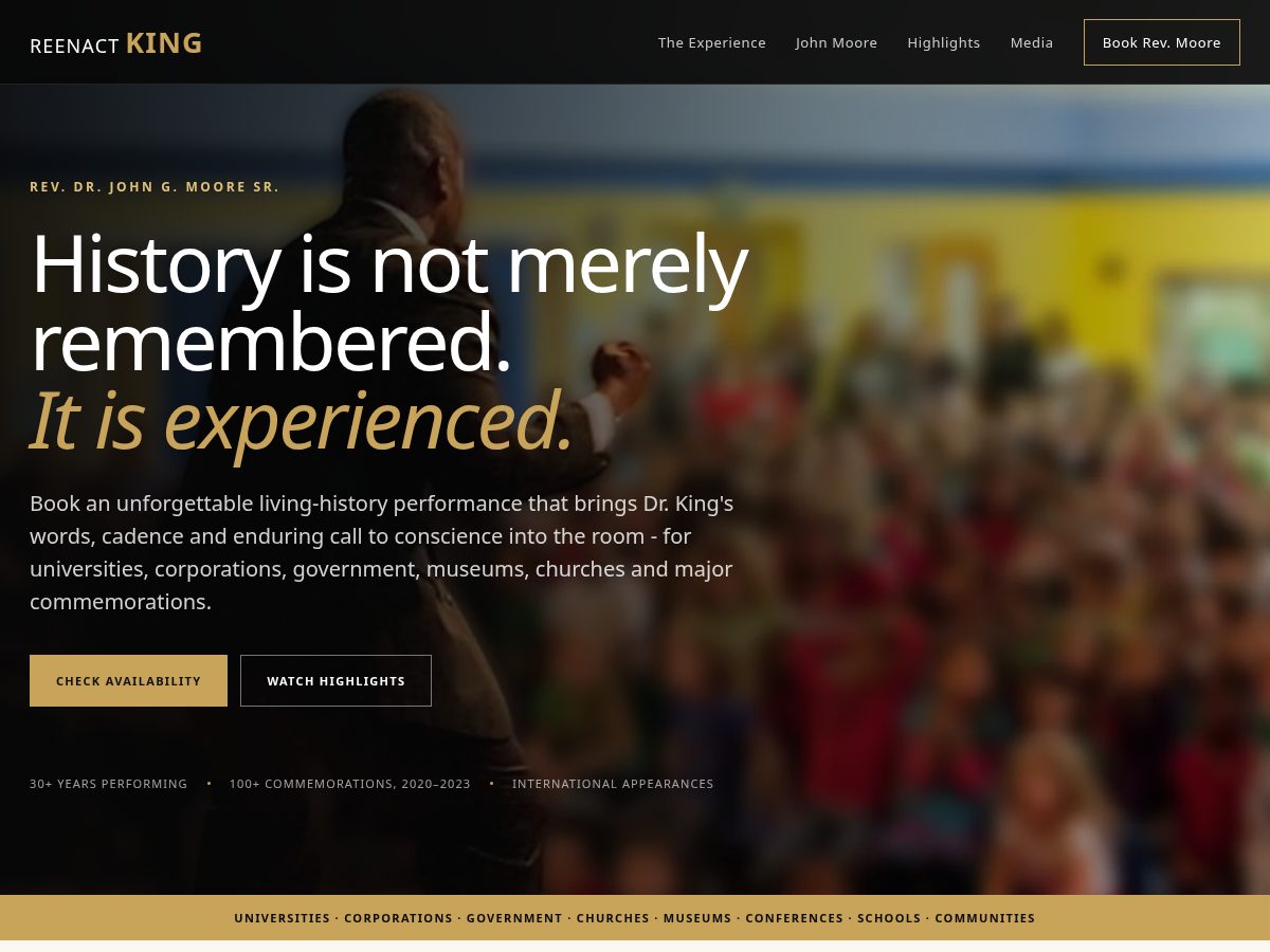 Landing-page snapshot of reenactking.com