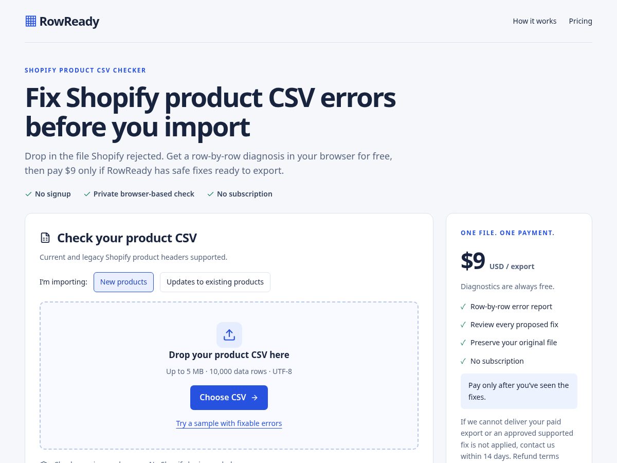 Landing-page snapshot of rowreadycsv.com