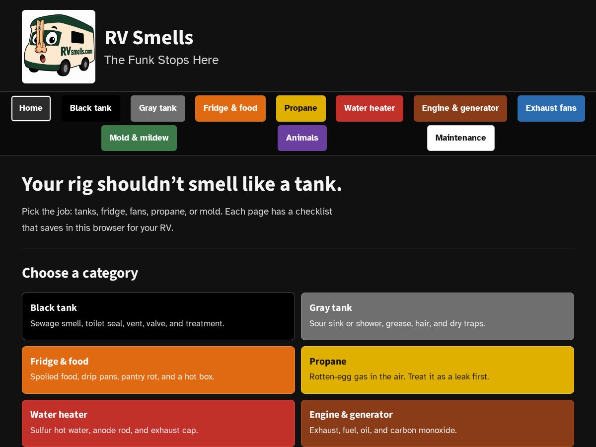 Landing-page snapshot of rvsmells.com