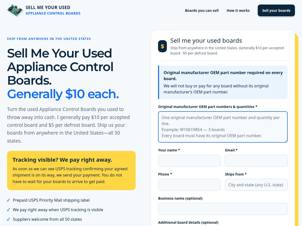 Landing-page snapshot of sellmeyourusedappliancecontrolboards.com