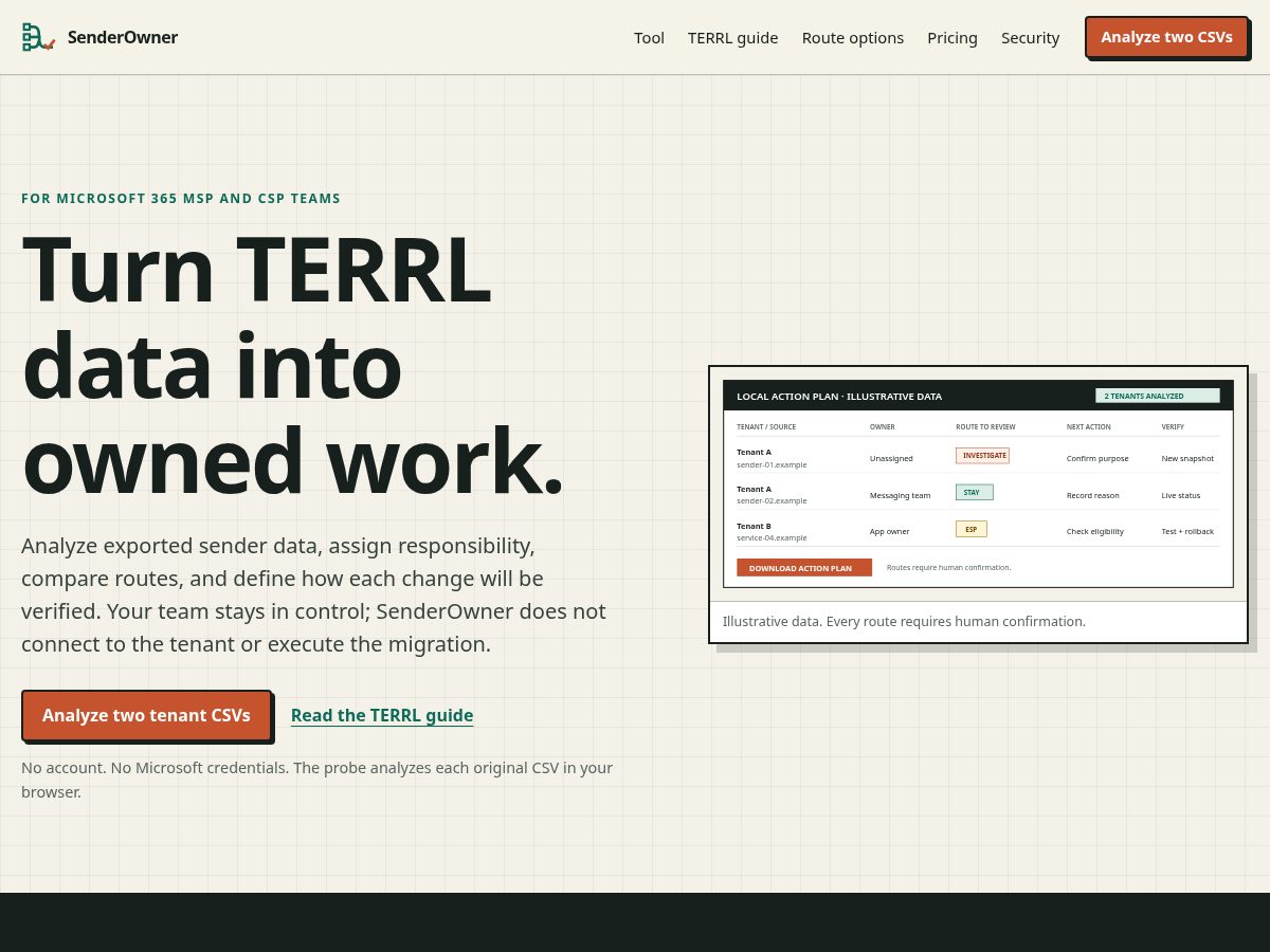 Landing-page snapshot of senderowner.work