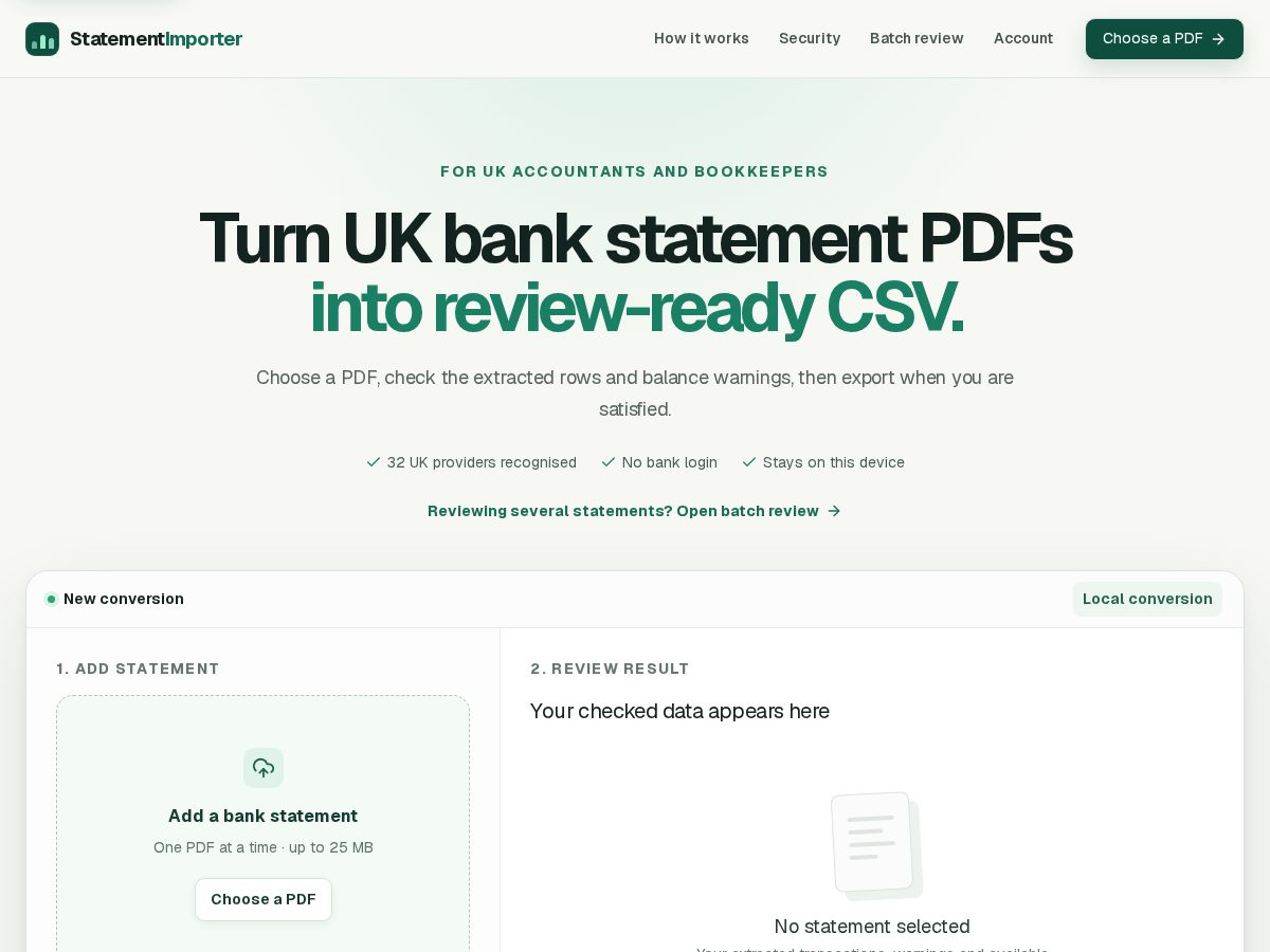 Landing-page snapshot of statementimporter.com