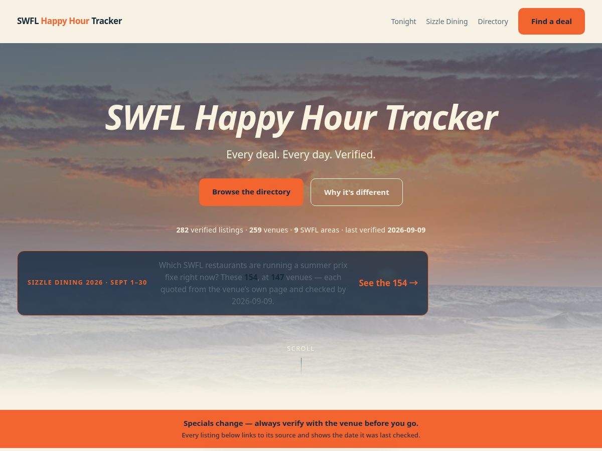 Landing-page snapshot of swflhappyhour.com