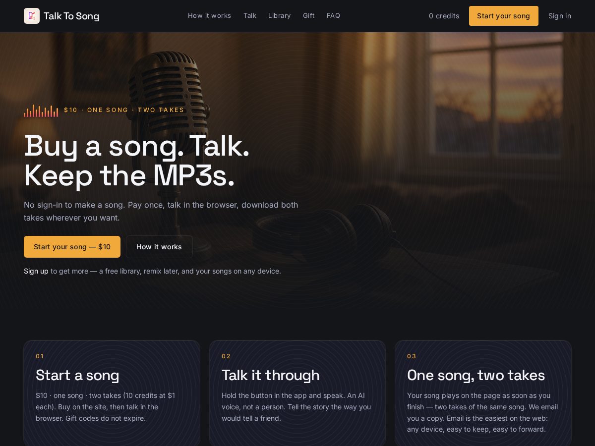 Landing-page snapshot of talk2song.com