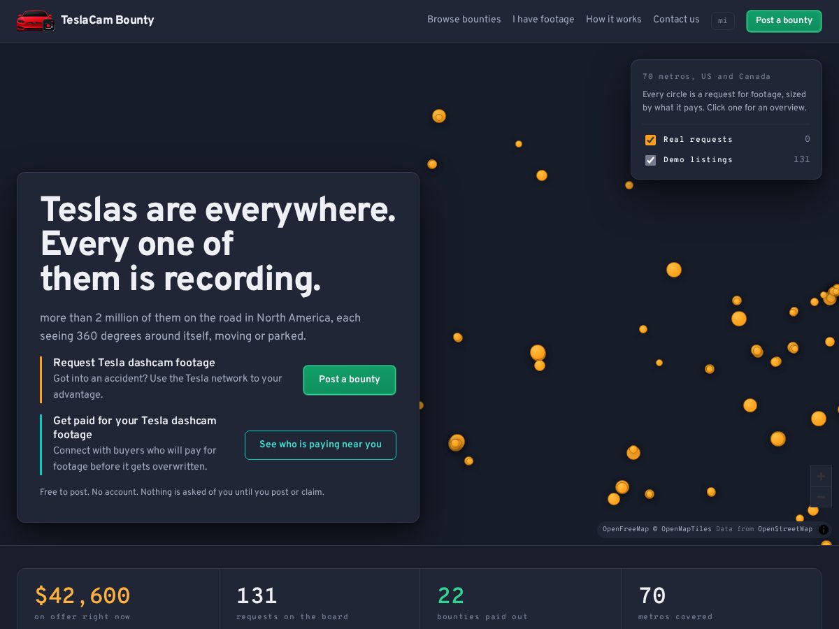 Landing-page snapshot of teslacambounty.com