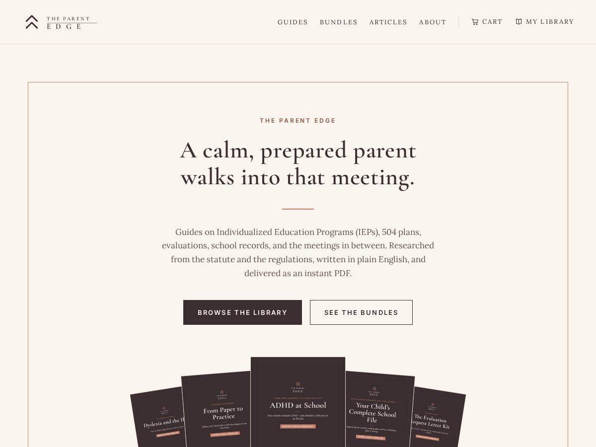 Landing-page snapshot of theparentedgeguides.com