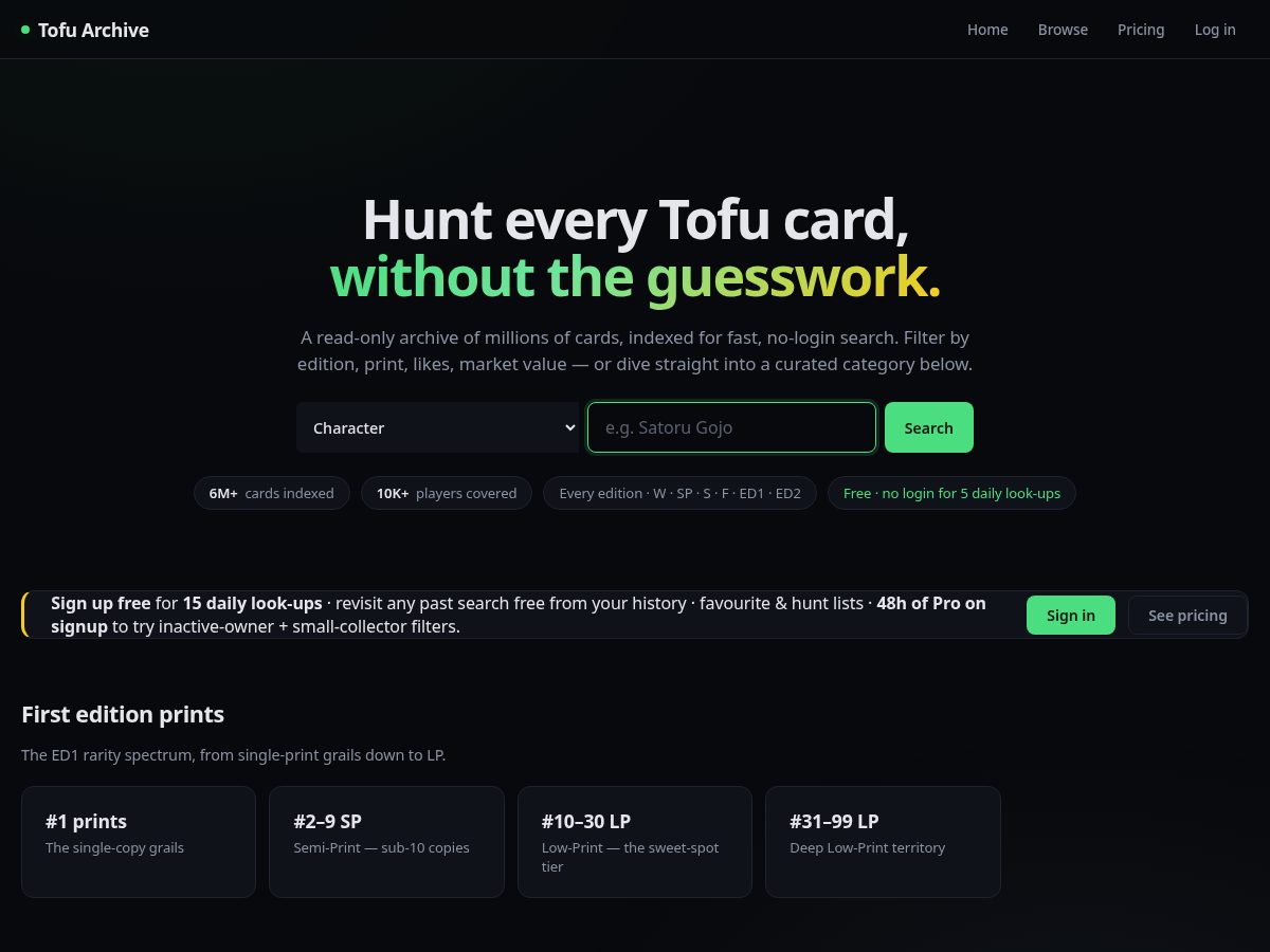 Landing-page snapshot of tofucards.org