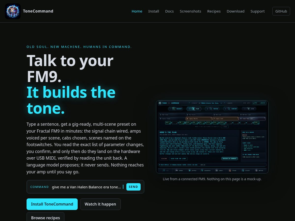Landing-page snapshot of tonecommand.com