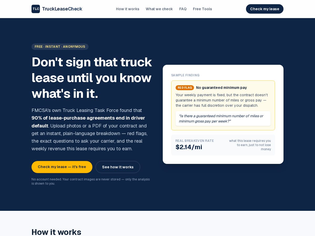 Landing-page snapshot of truckleasecheck.com
