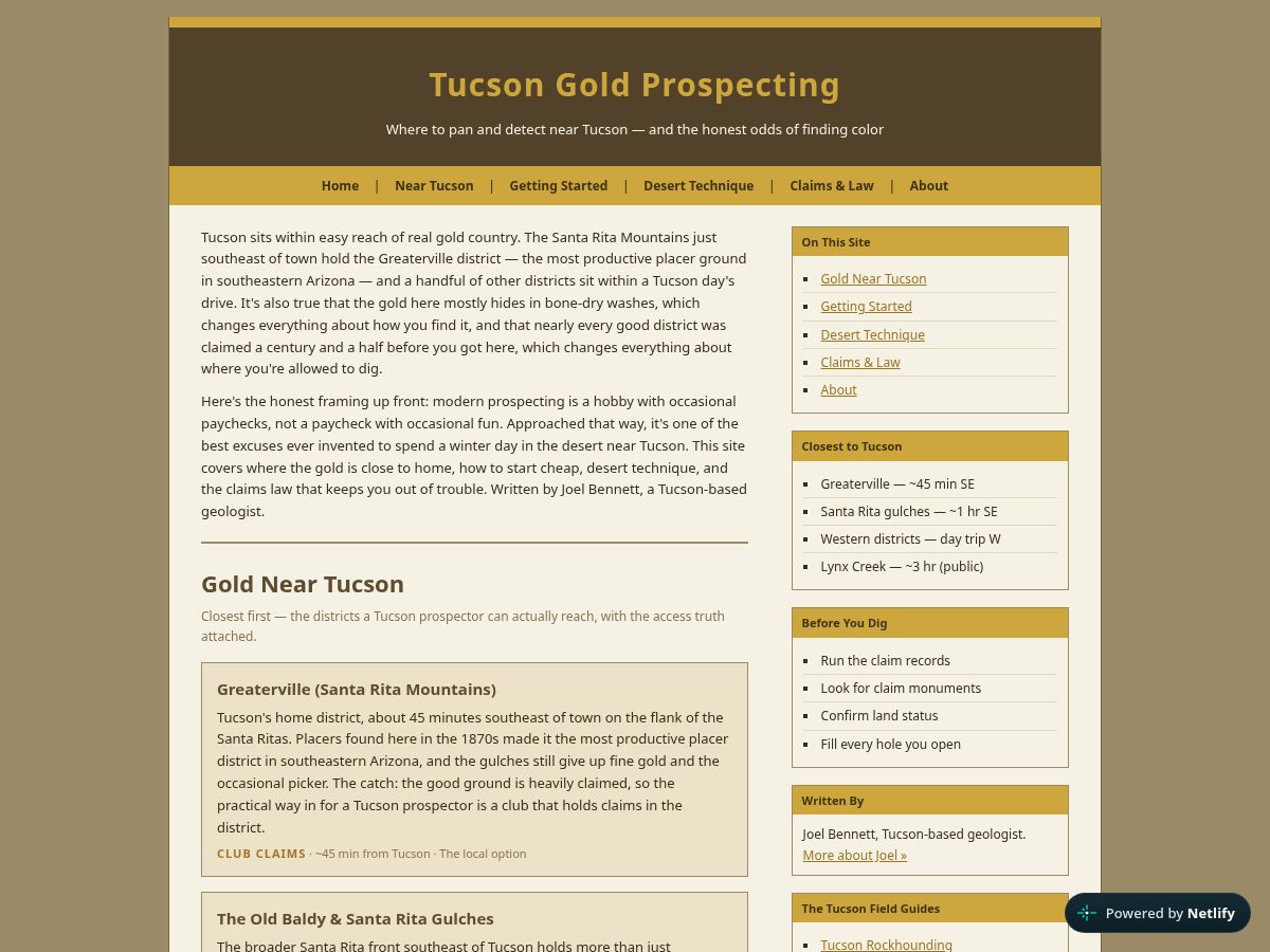 Landing-page snapshot of tucsongoldprospecting.com