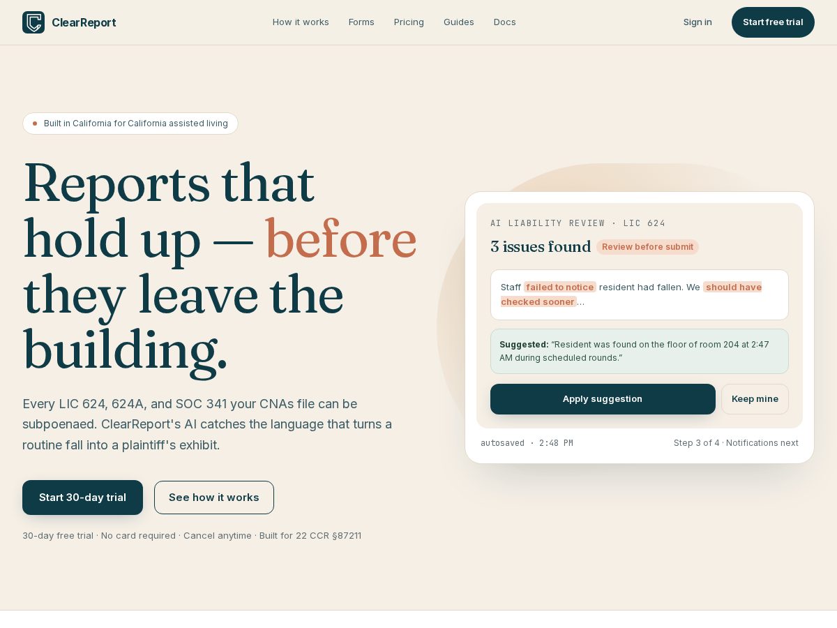 Landing-page snapshot of useclearreport.com