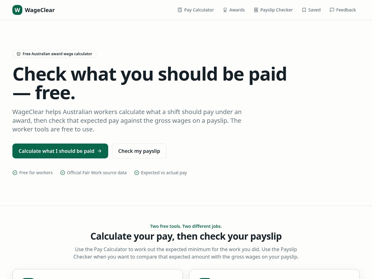 Landing-page snapshot of wageclear.com