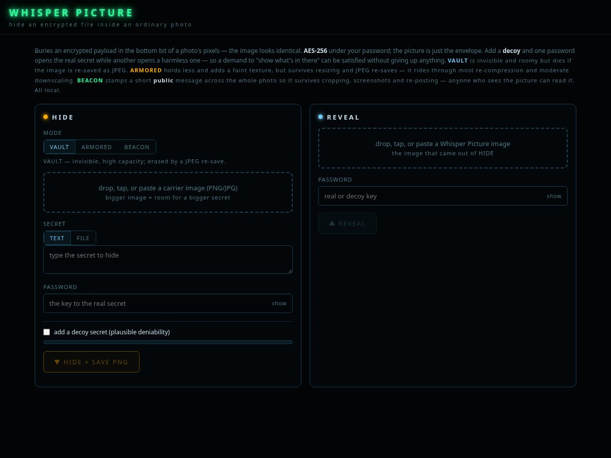 Landing-page snapshot of whisperpicture.com