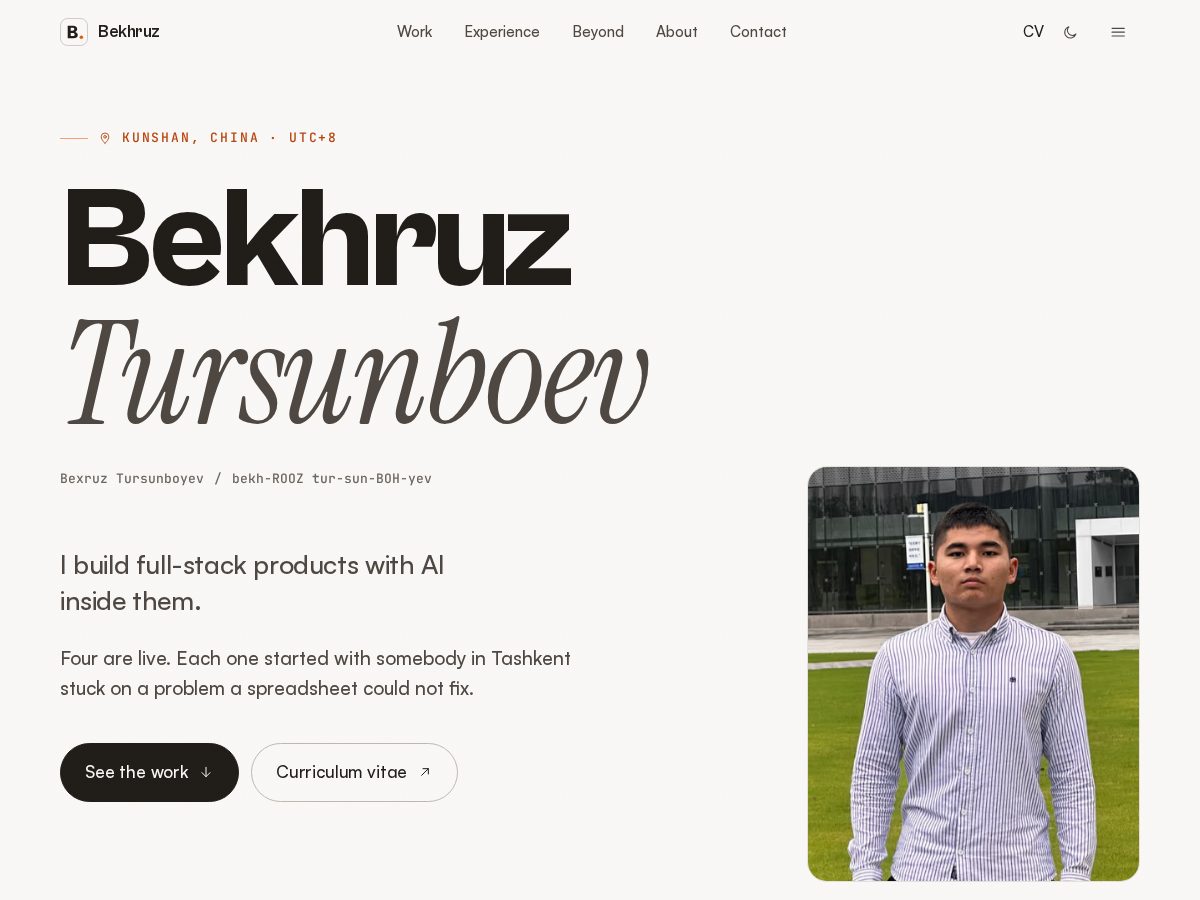 Landing-page snapshot of bekhruztursunbaev.com