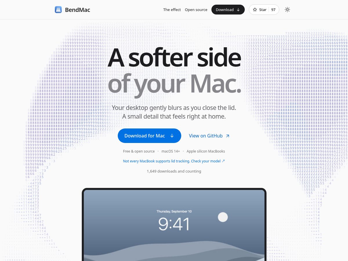 Landing-page snapshot of bendmac.app