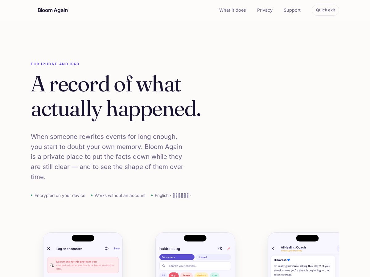 Landing-page snapshot of bloomagain.app