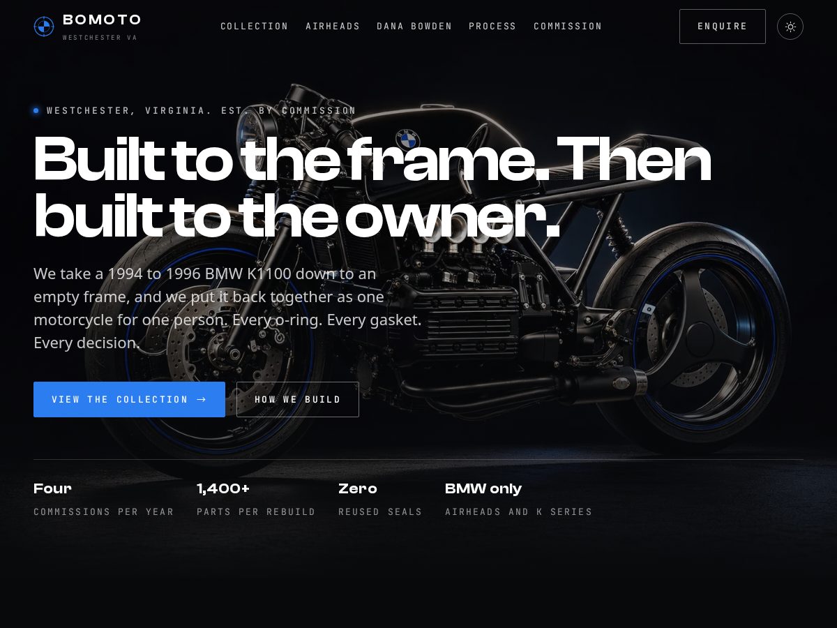 Landing-page snapshot of bomotocustoms.com