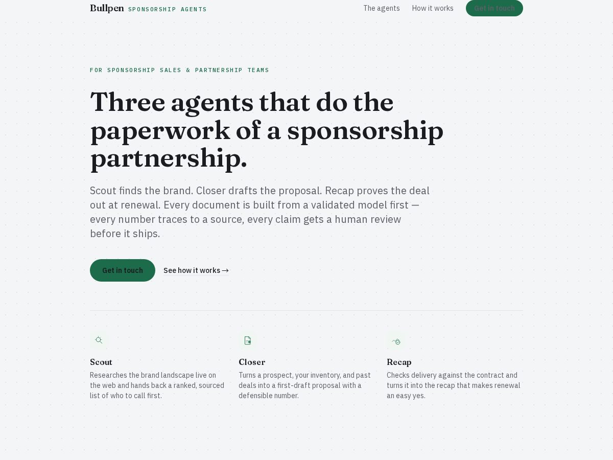 Landing-page snapshot of bullpenagents.com