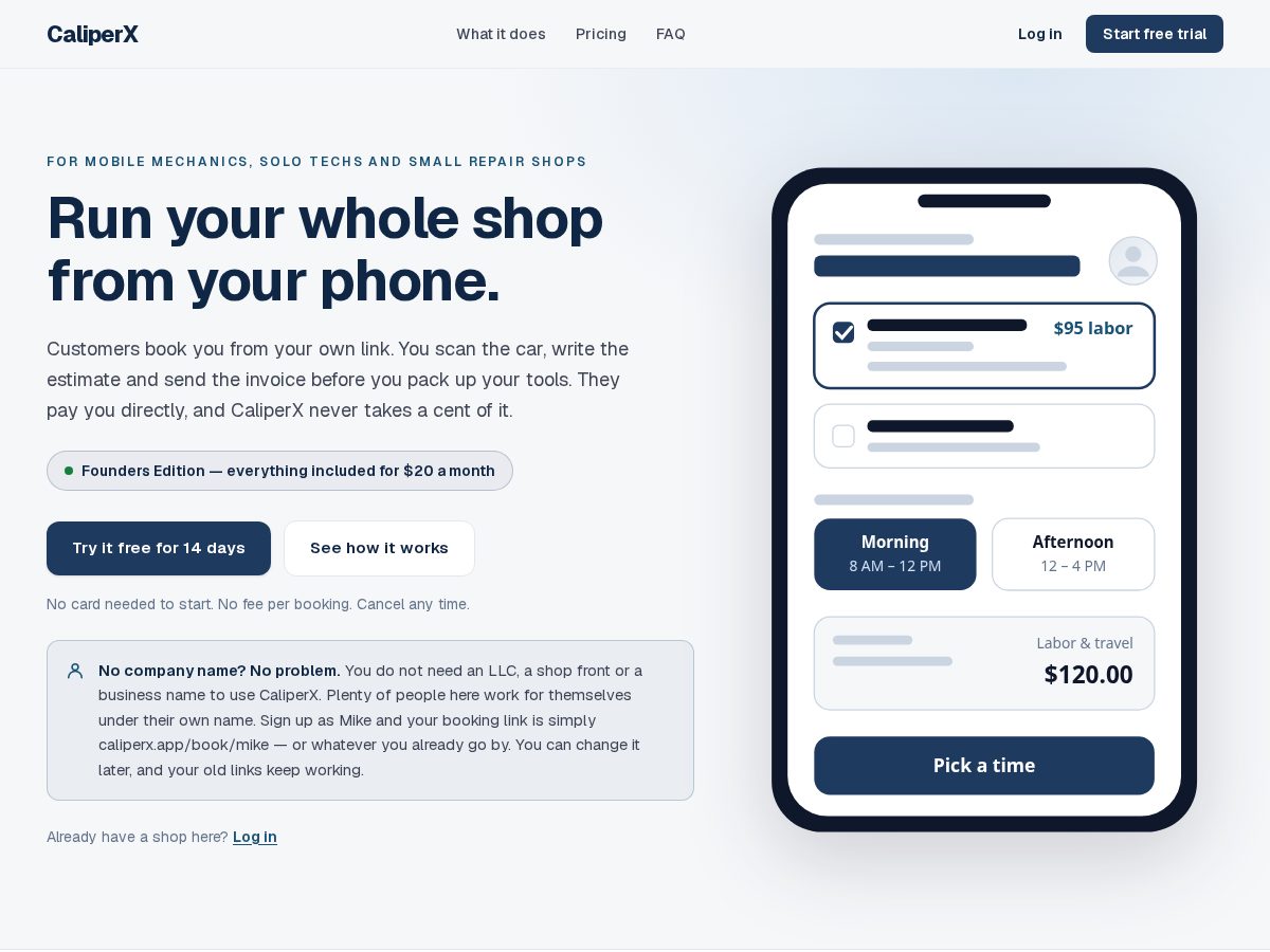 Landing-page snapshot of caliperx.app