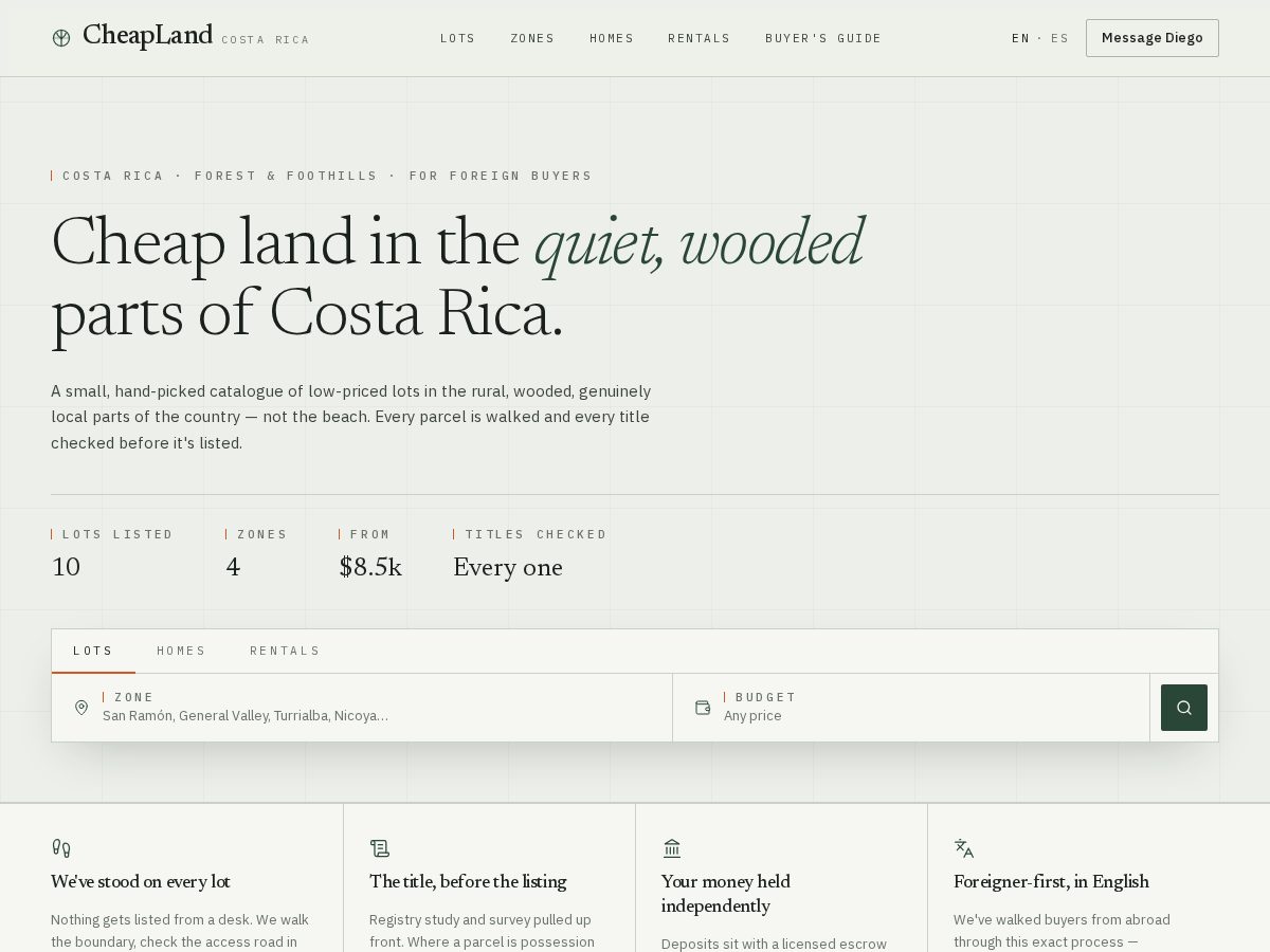 Landing-page snapshot of cheaplandcostarica.com