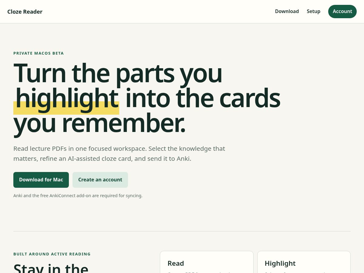 Landing-page snapshot of clozereader.app