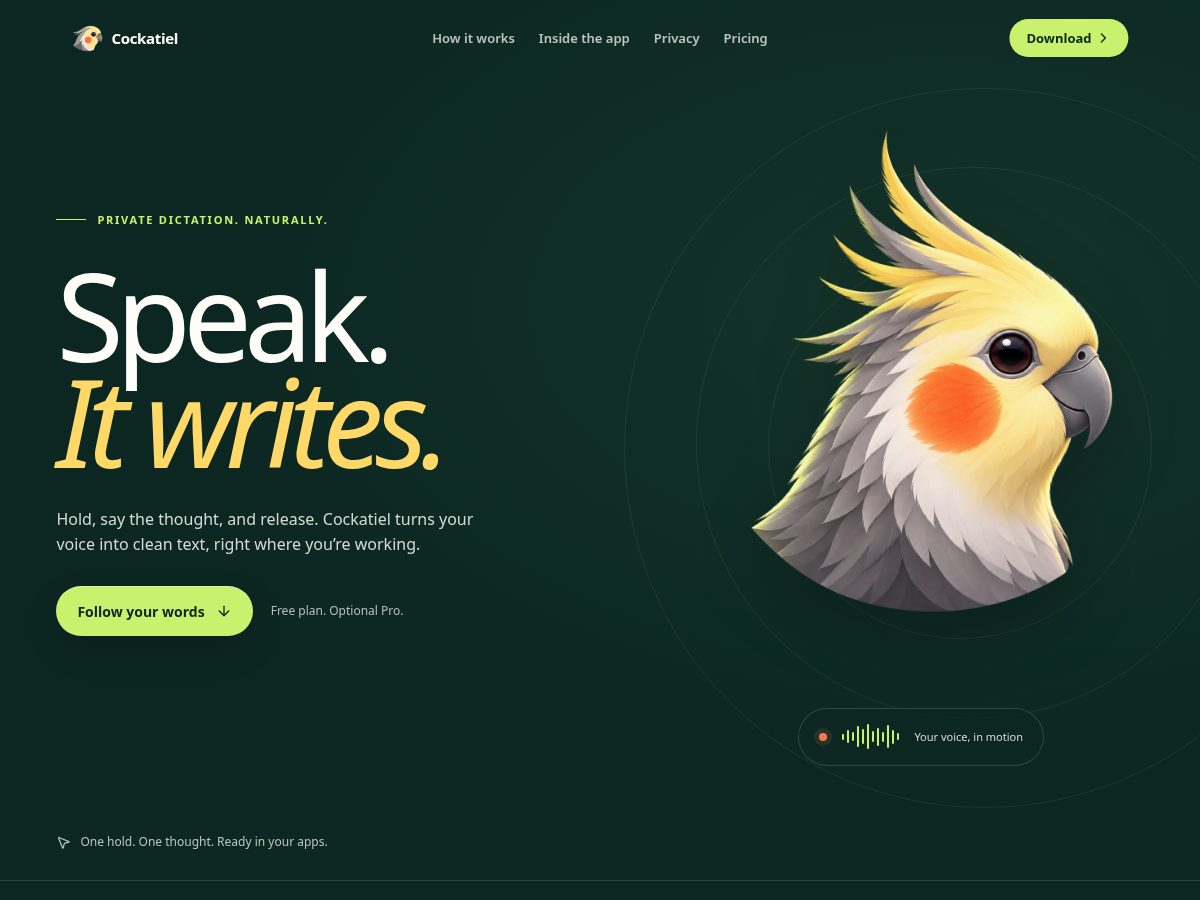 Landing-page snapshot of cockatiel.app