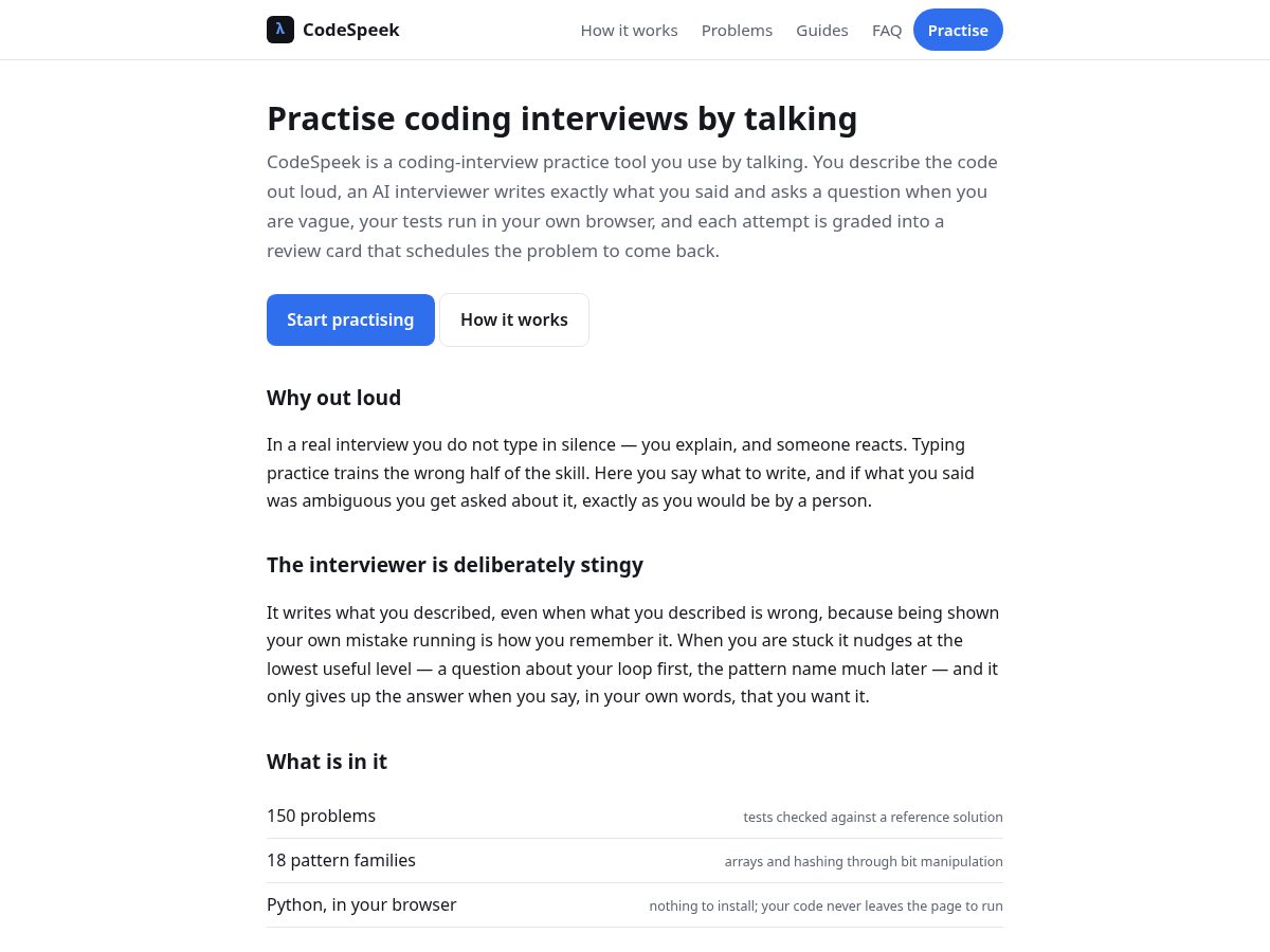 Landing-page snapshot of codespeek.com