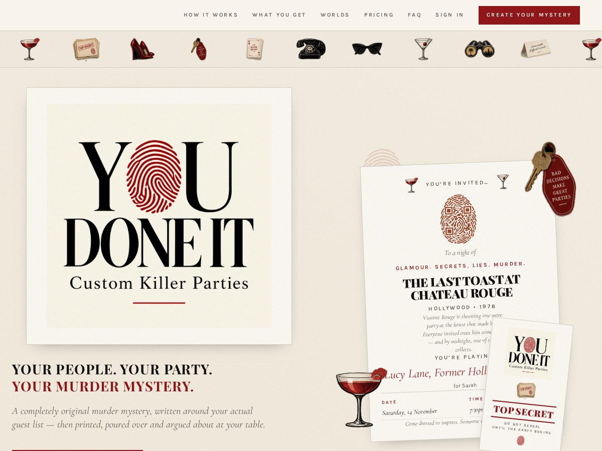 Landing-page snapshot of customkillerparties.com