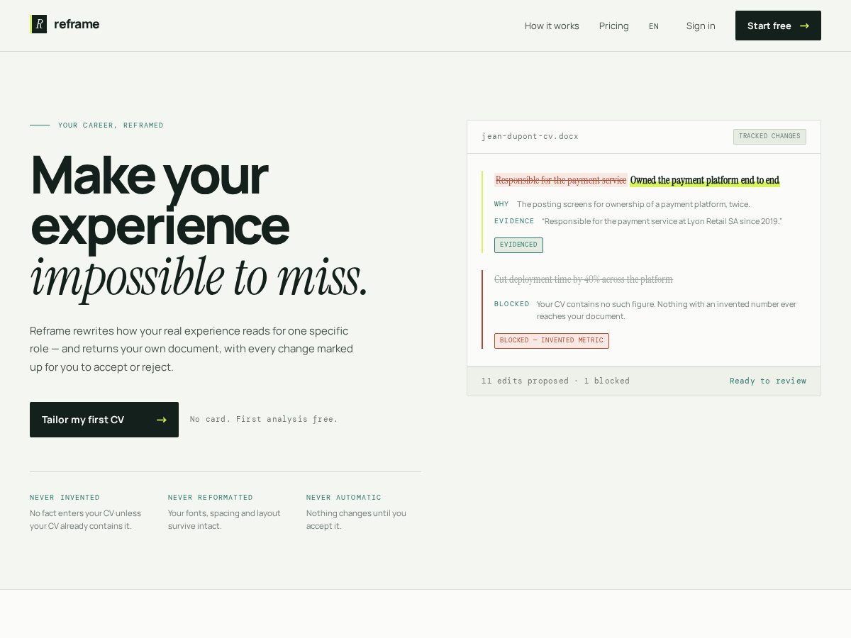 Landing-page snapshot of cvreframe.com