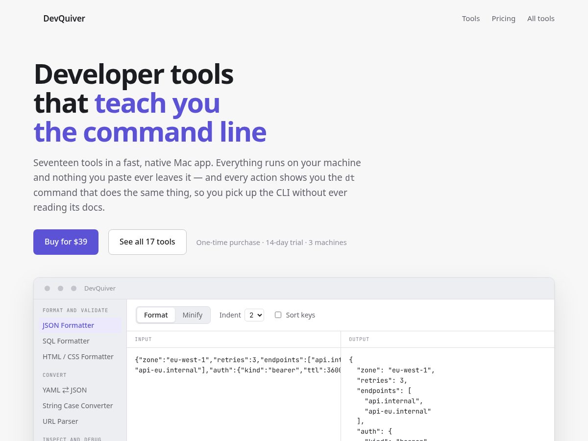 Landing-page snapshot of devquiver.com