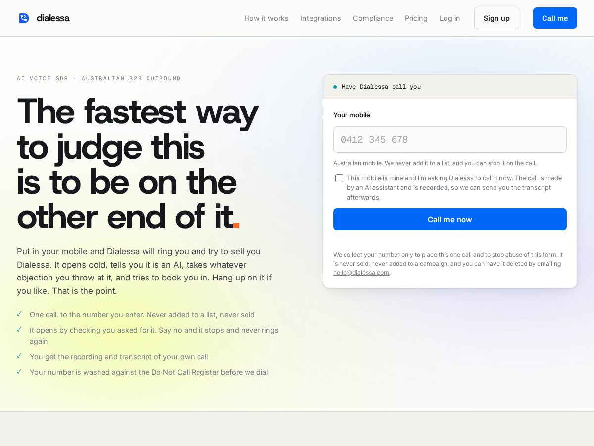 Landing-page snapshot of dialessa.com