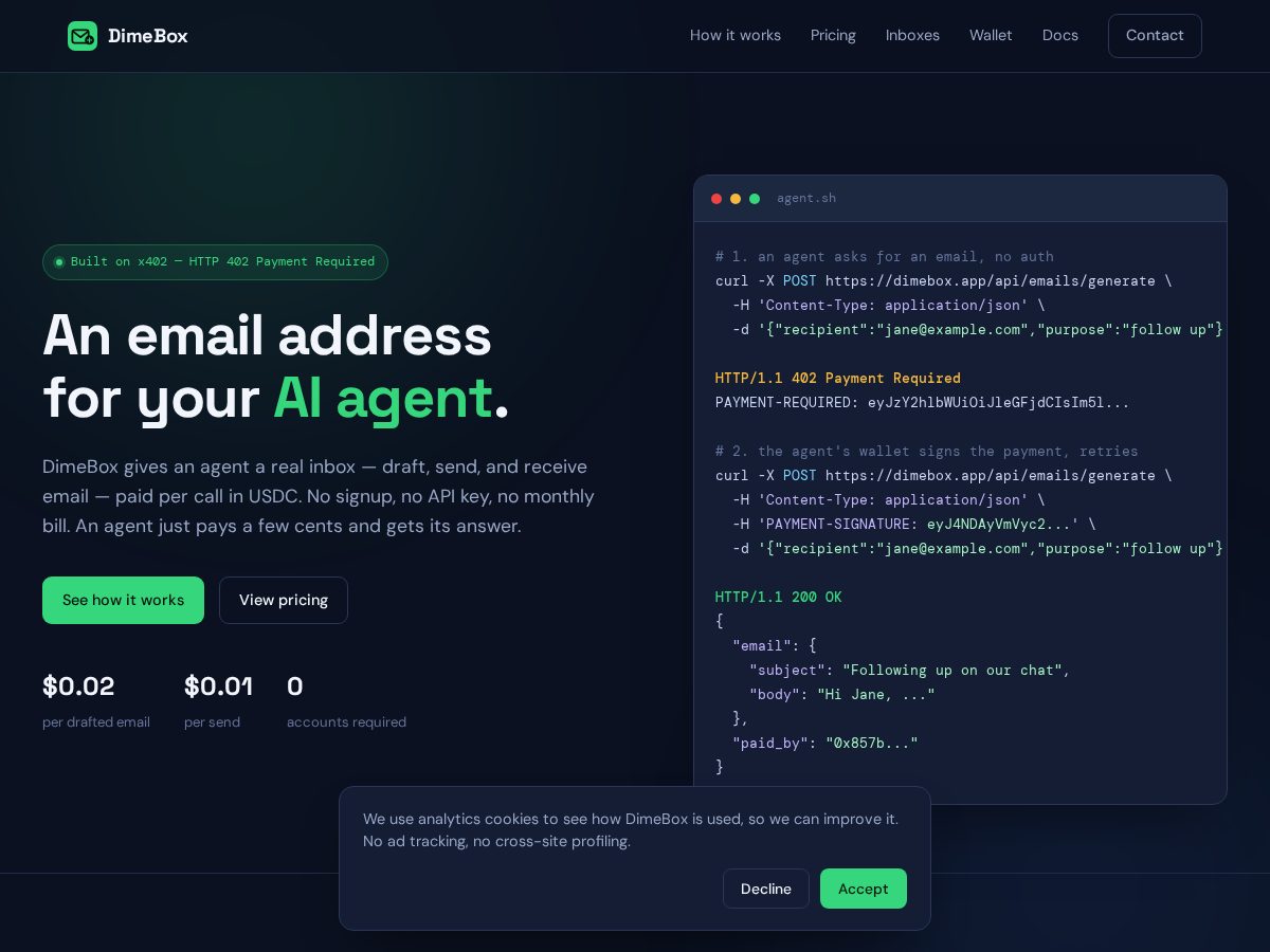 Landing-page snapshot of dimebox.app