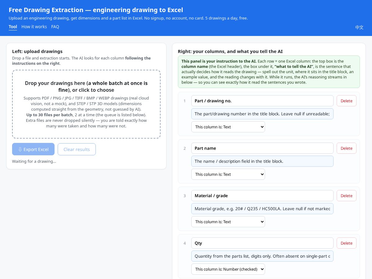 Landing-page snapshot of drawingtoexcel.com