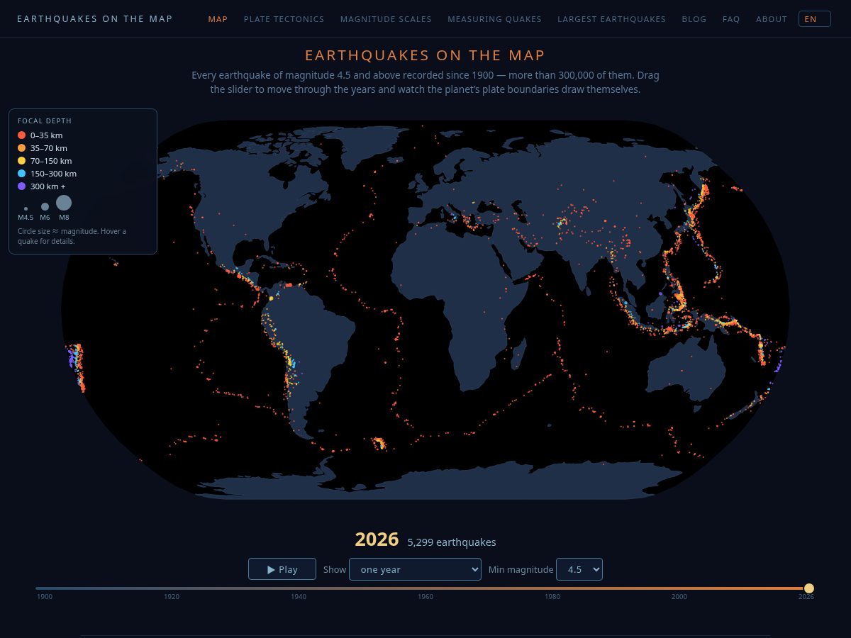 Landing-page snapshot of earthquakesonmap.com