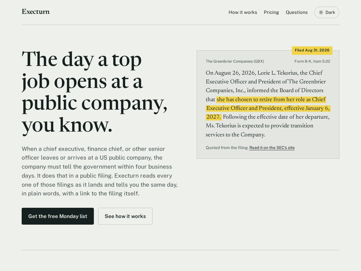 Landing-page snapshot of execturn.com