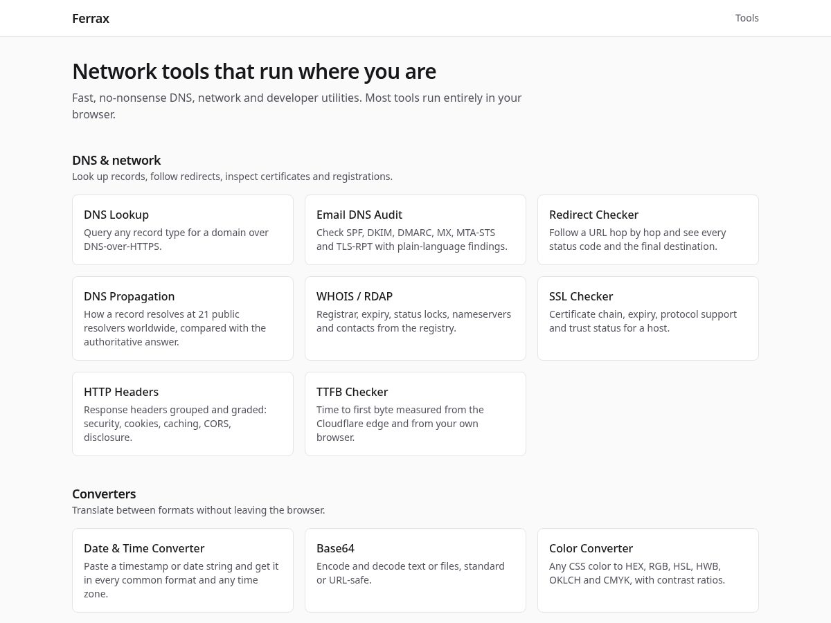 Landing-page snapshot of ferrax.app