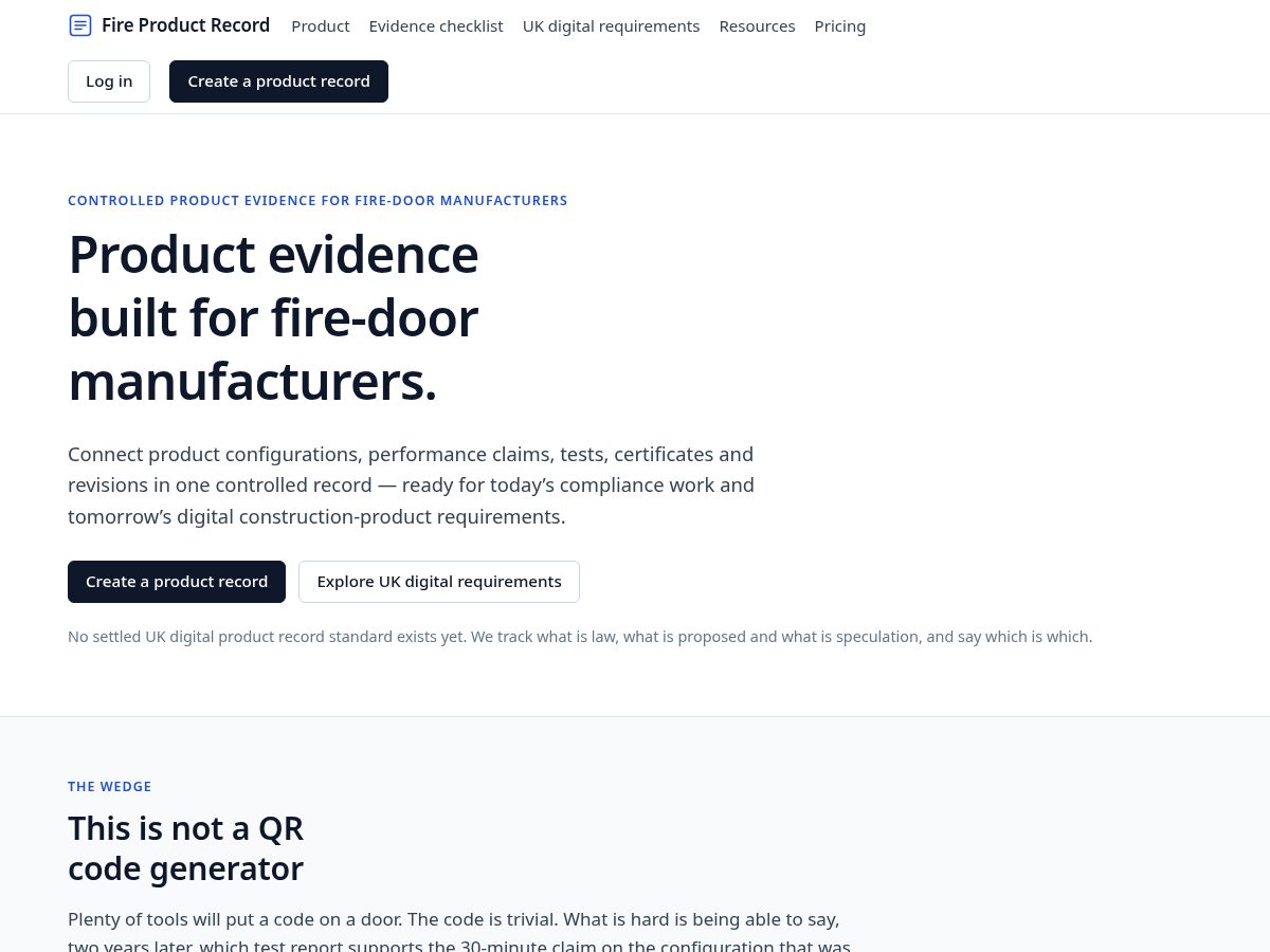 Landing-page snapshot of fireproductrecord.com
