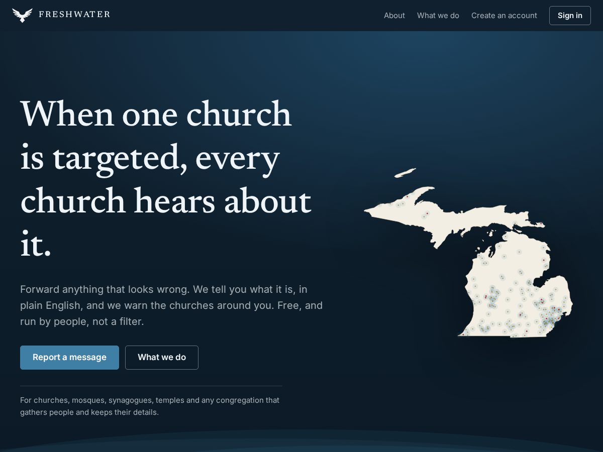 Landing-page snapshot of freshwatercyber.com