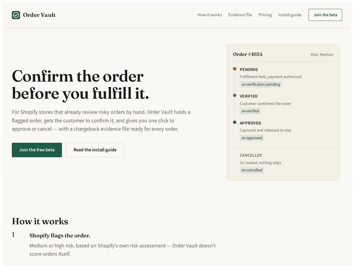 Landing-page snapshot of getordervault.com