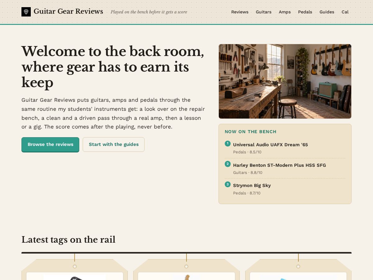 Landing-page snapshot of guitargearreviews.com