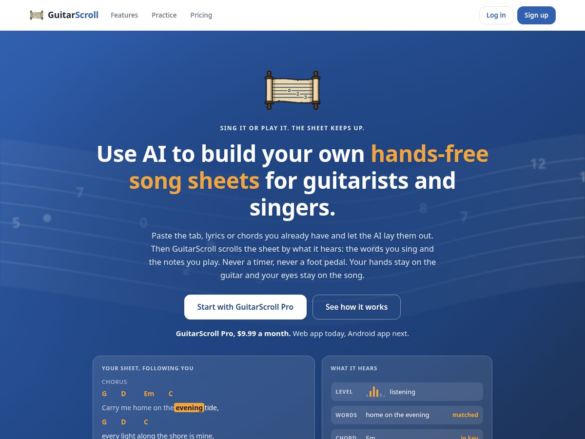 Landing-page snapshot of guitarscroll.com