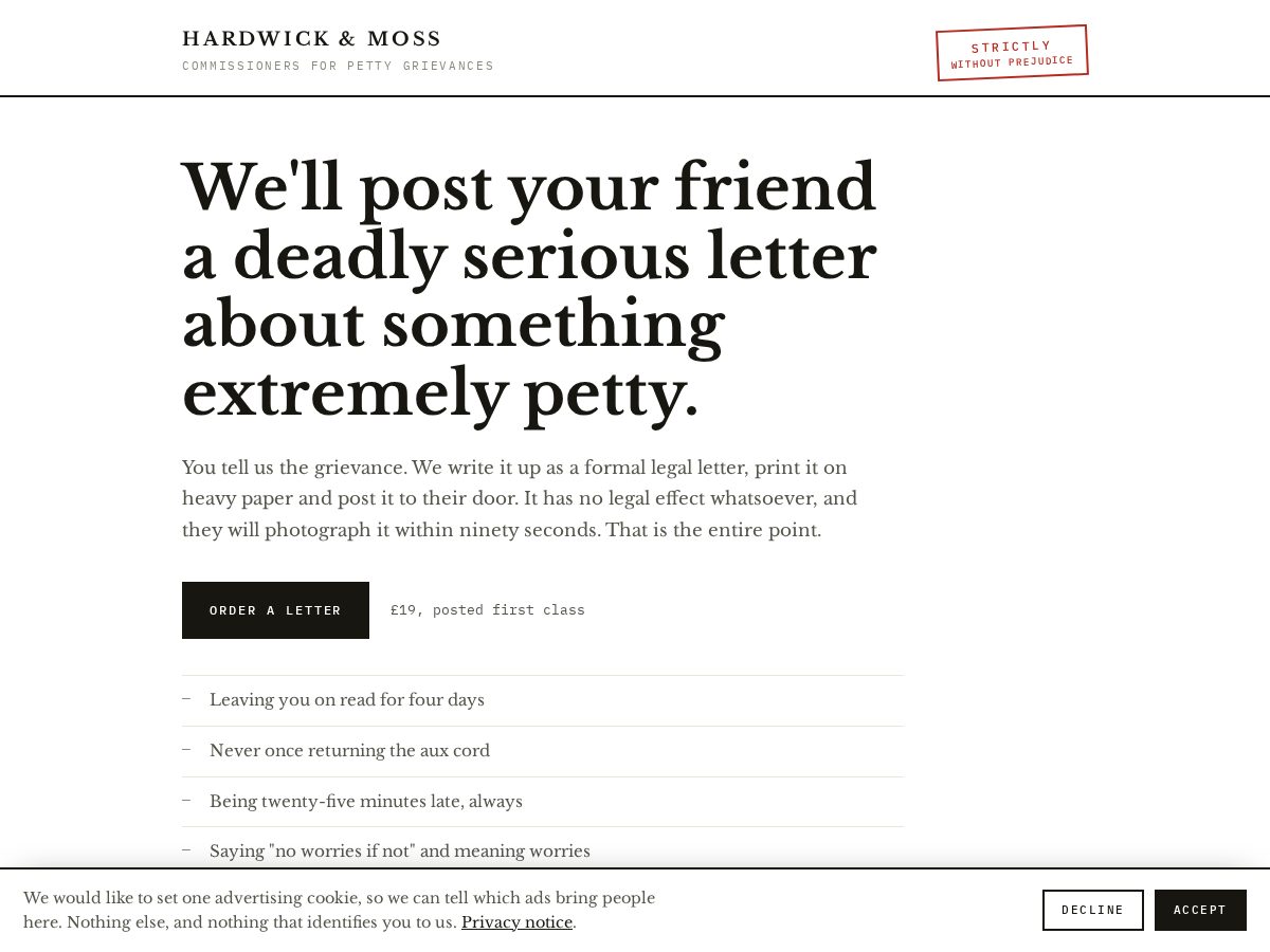 Landing-page snapshot of hardwickandmoss.com