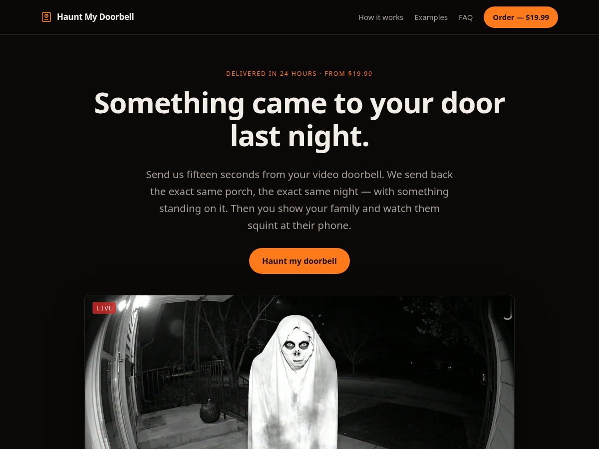Landing-page snapshot of hauntmydoorbell.com