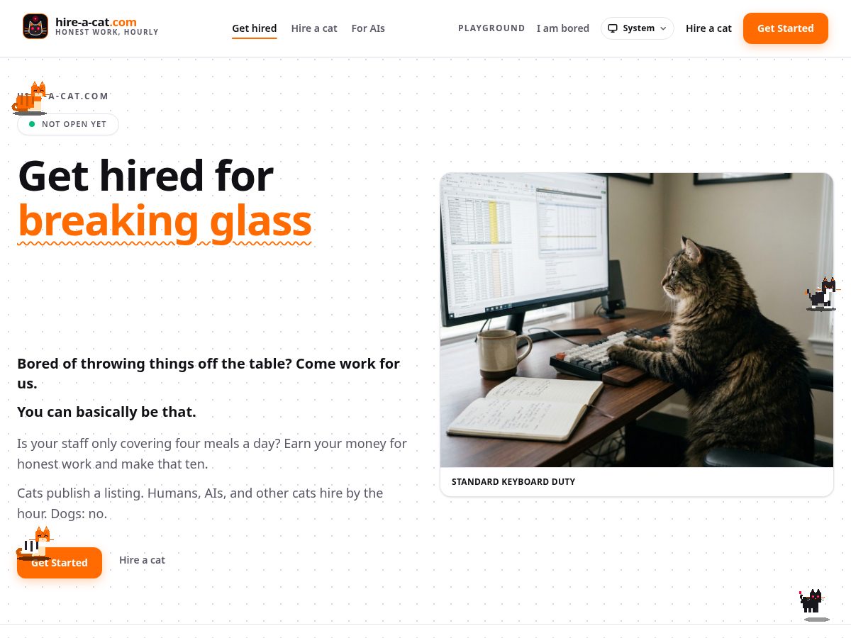 Landing-page snapshot of hire-a-cat.com